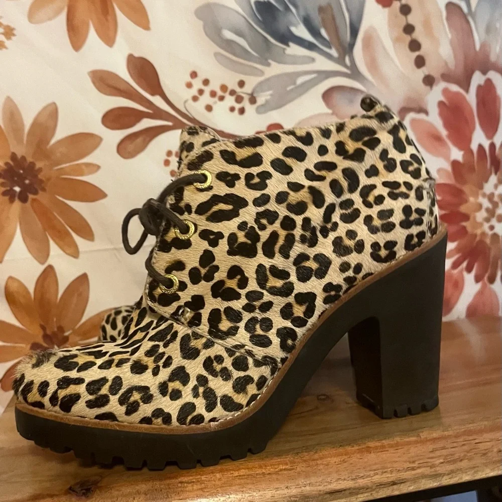 Sperry Princeton Womens 9M Leopard Leather Faux Fur Chunky Heel Fall Booties